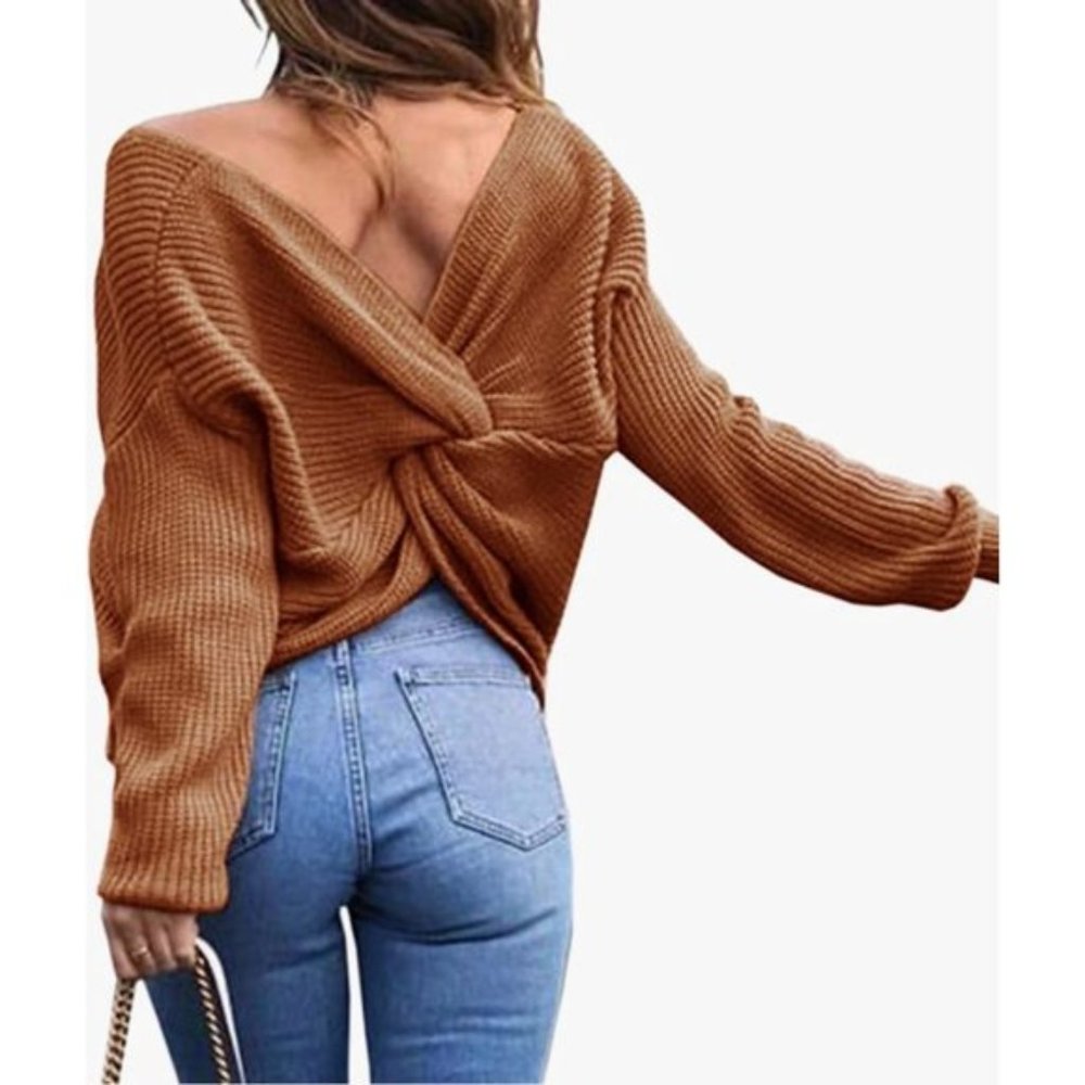 Coffee Chunky Twisted Knot Cable Knit Oversized Long Sleeve Pullover Sweater
